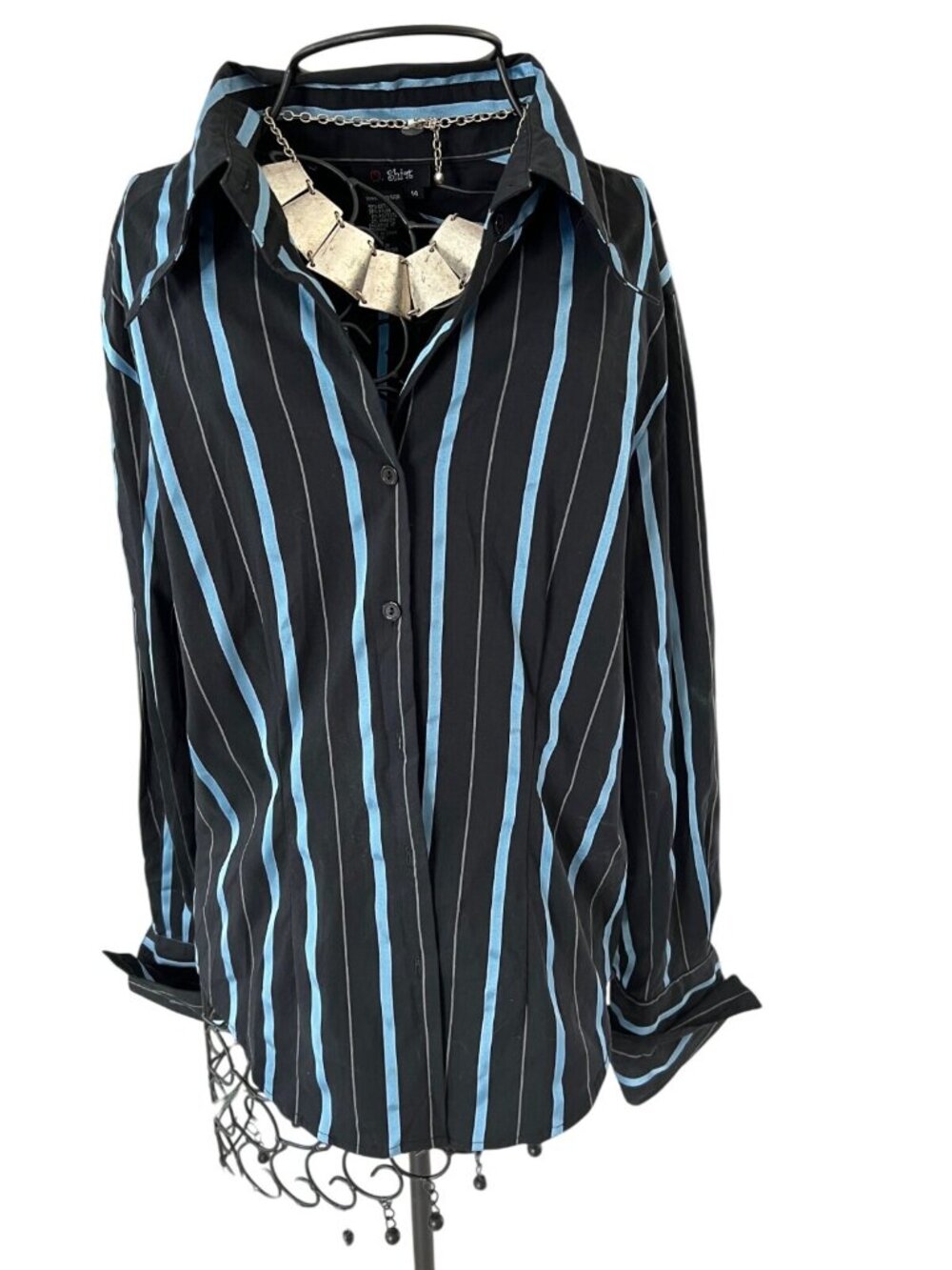 O Shirt Womens Black & Blue Striped Button-Up Shirt Size 14